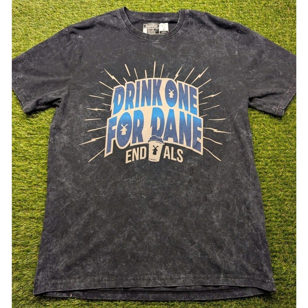 Dutch Bros Drink One for Dane End ALS Black Graphic Logo Crew Neck Tee Mens Sz L